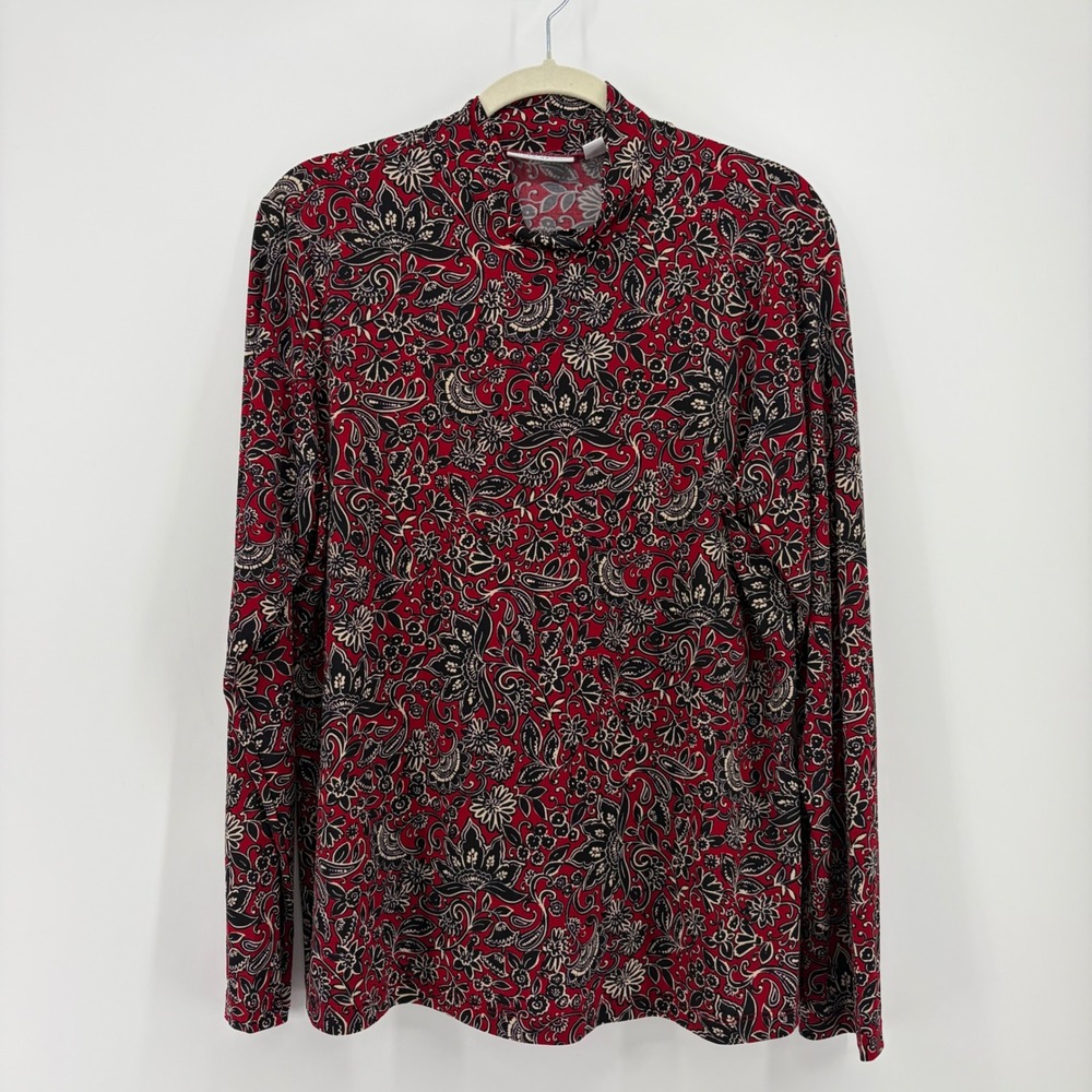 Susan Graver Womens L Red Floral Paisley Mock Neck Liquid Knit Long Sleeve Top